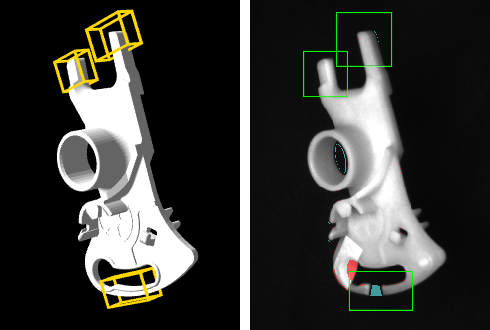 Resultado de la inspección: Izquierda - Modelo de referencia en pose 3D determinada con volúmenes parciales configurados. Derecha - Foto con material que sobresale (rojo) o falta (azul) y regiones de los volúmenes parciales (verde).